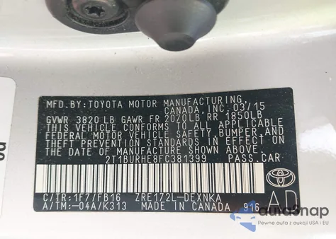 2015 Toyota Corolla Le z USA, uszkodzony, nr VIN 2T1BURHE8FC381399